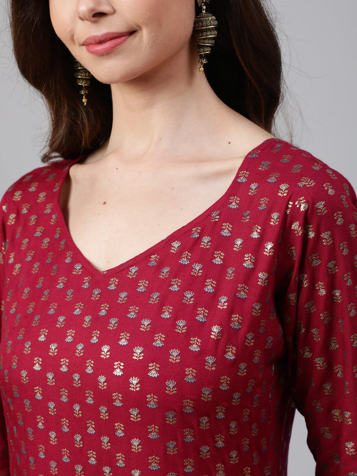 Burgundy Printed Flared Dress With Three Quarter Sleeves