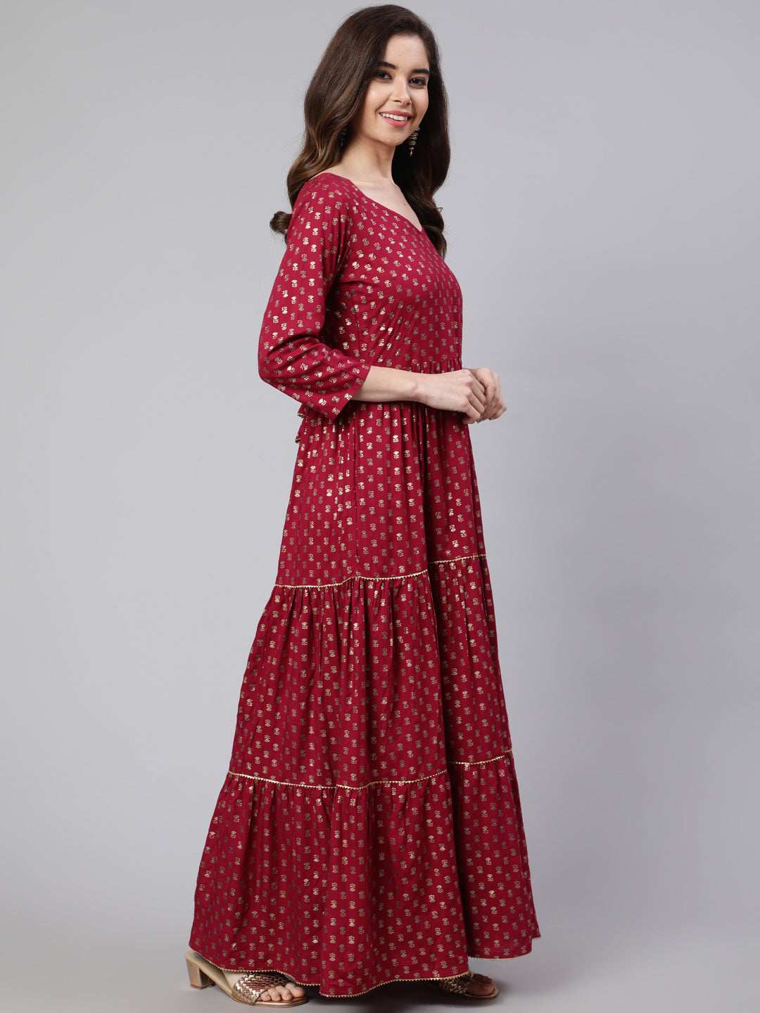 Burgundy Printed Flared Dress With Three Quarter Sleeves