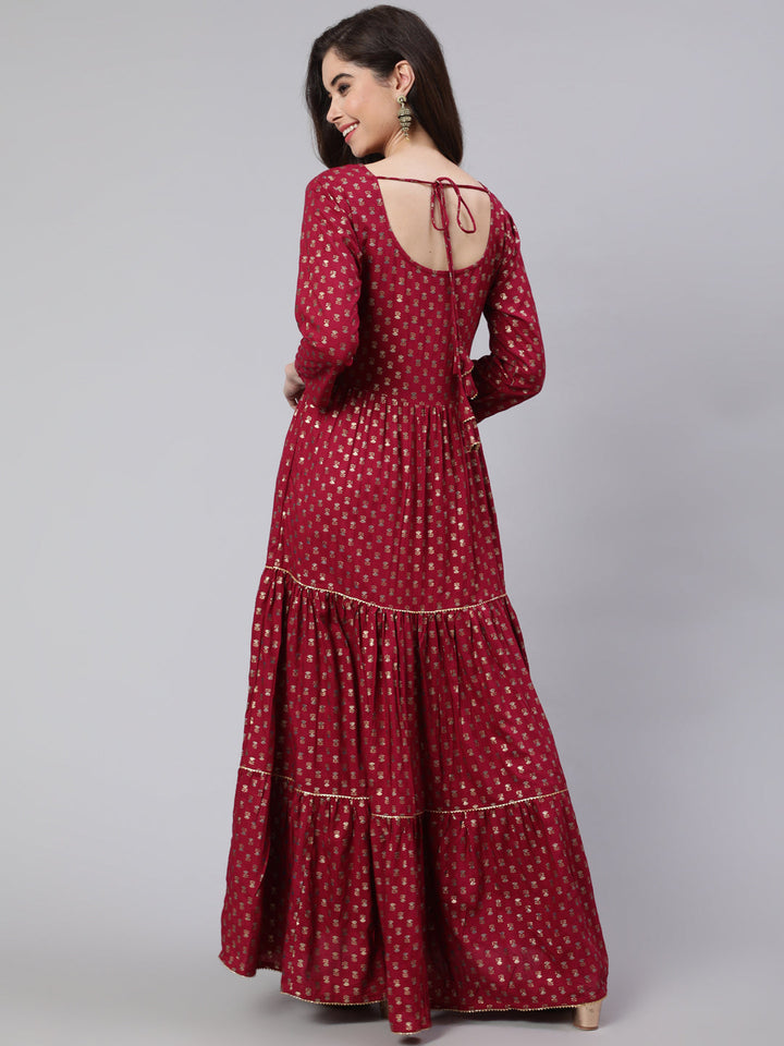 Burgundy Printed Flared Dress With Three Quarter Sleeves