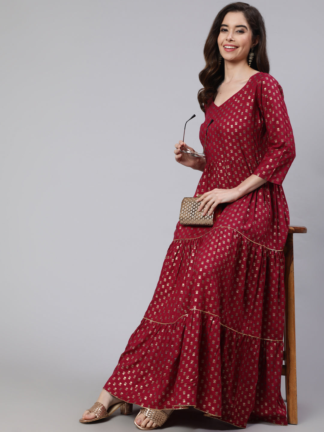 Burgundy Printed Flared Dress With Three Quarter Sleeves