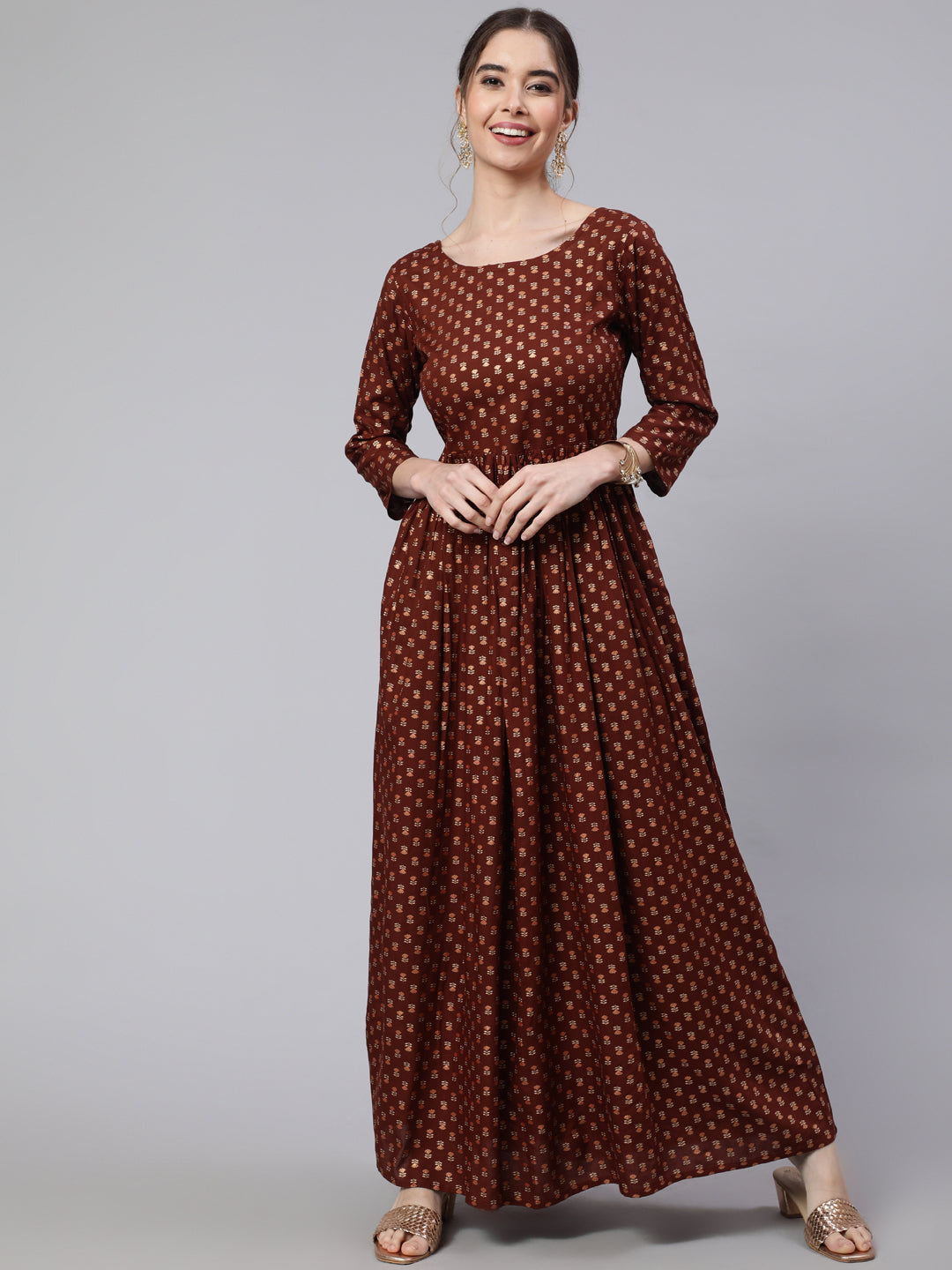 Brown Printed Flared Dress With Three Quarter Sleeves