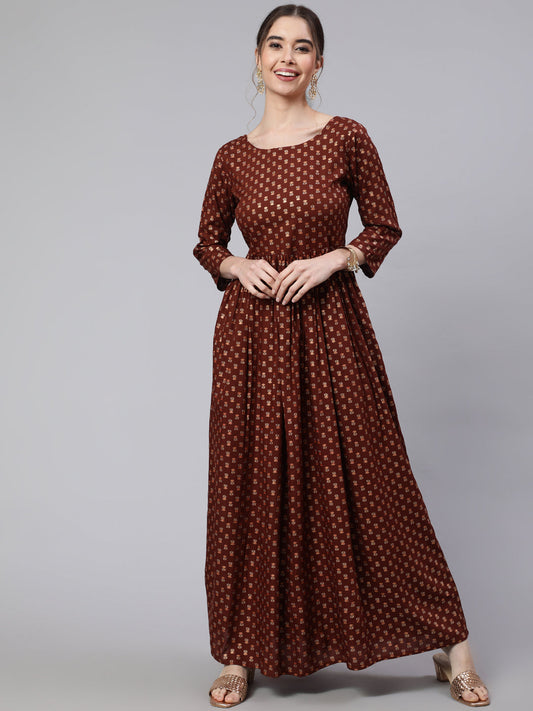 Brown Printed Flared Dress With Three Quarter Sleeves