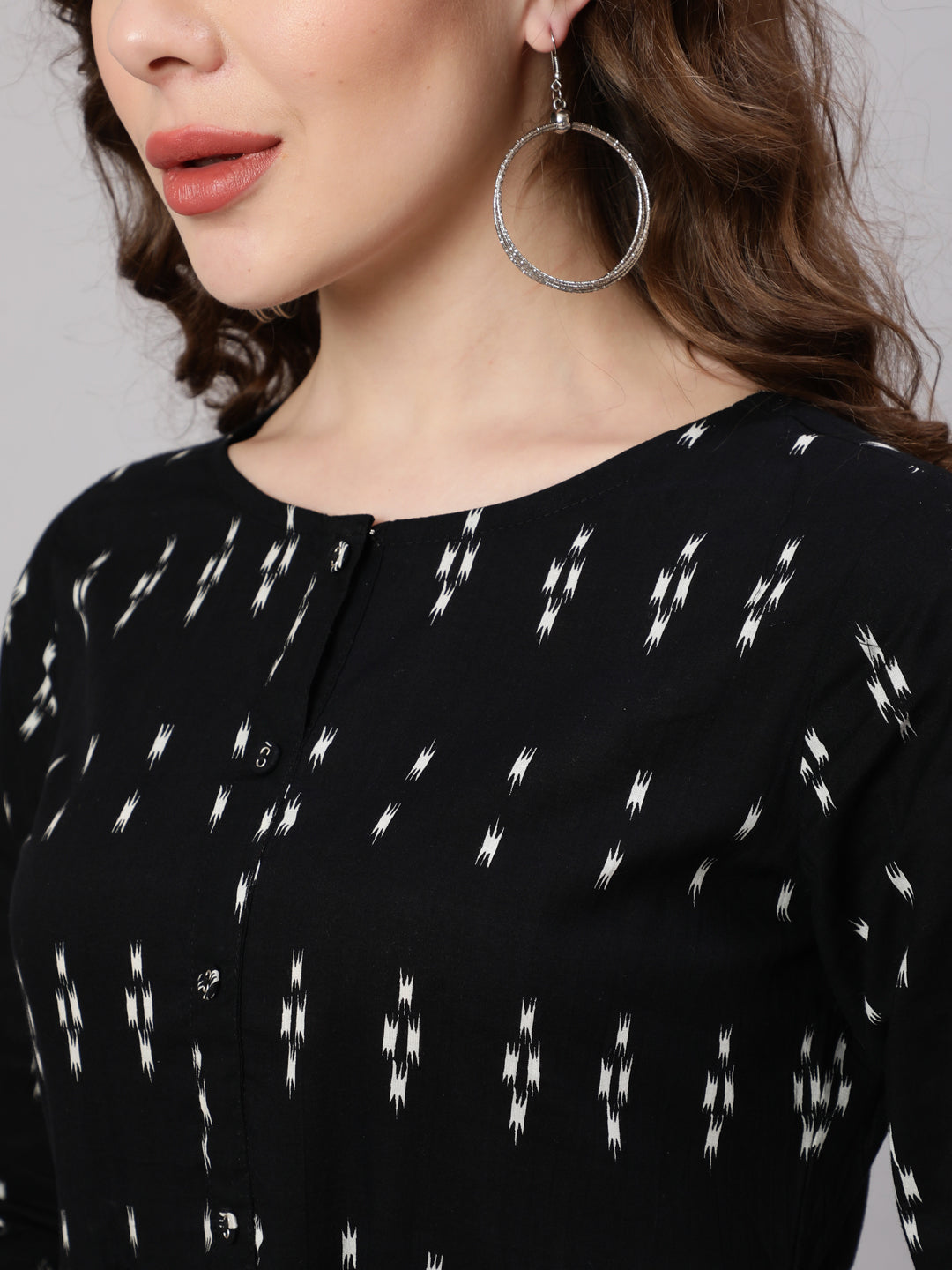 Black Ikat Printed Flared Dress With Three Quarter Sleeves