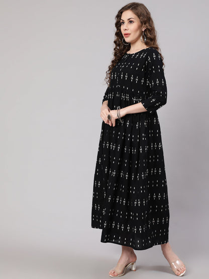 Black Ikat Printed Flared Dress With Three Quarter Sleeves