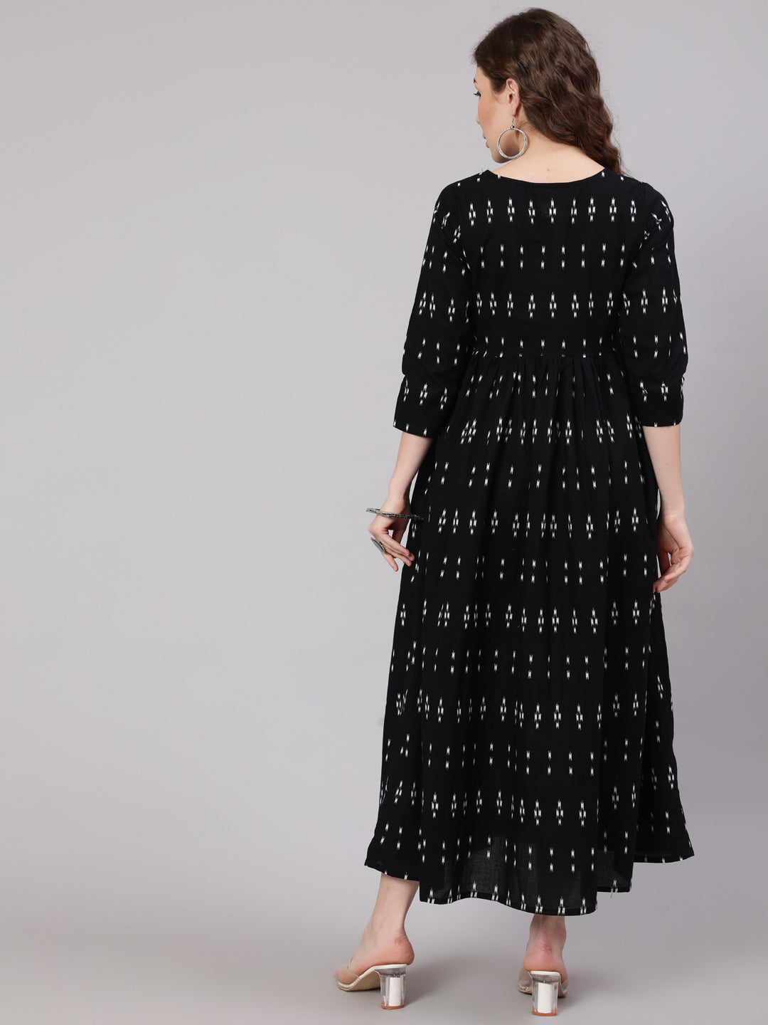 Black Ikat Printed Flared Dress With Three Quarter Sleeves