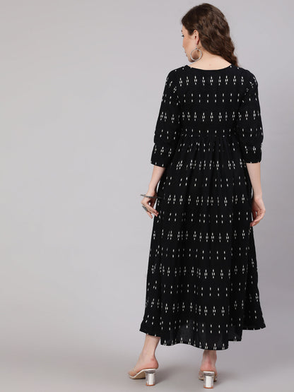 Black Ikat Printed Flared Dress With Three Quarter Sleeves