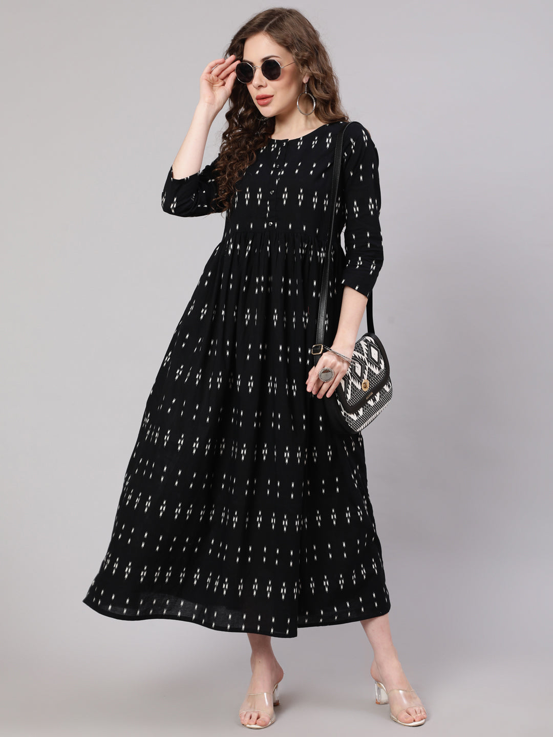 Black Ikat Printed Flared Dress With Three Quarter Sleeves