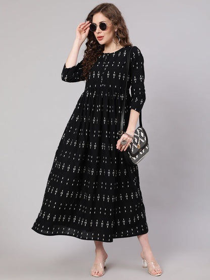 Black Ikat Printed Flared Dress With Three Quarter Sleeves