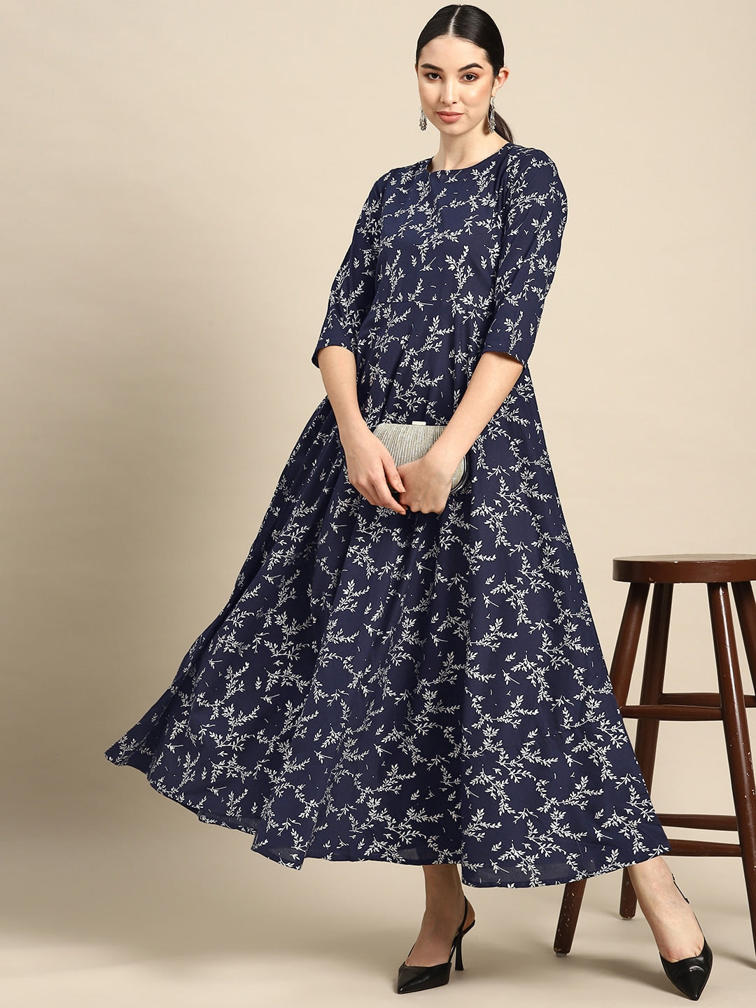 Teal Blue Printed Flared Dress With Three Quarter Sleeves