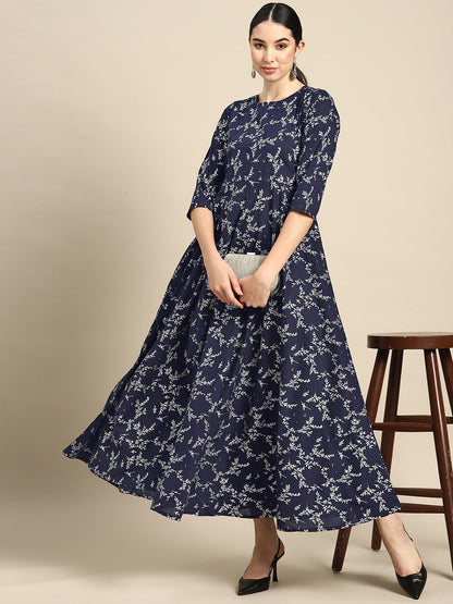 Teal Blue Printed Flared Dress With Three Quarter Sleeves