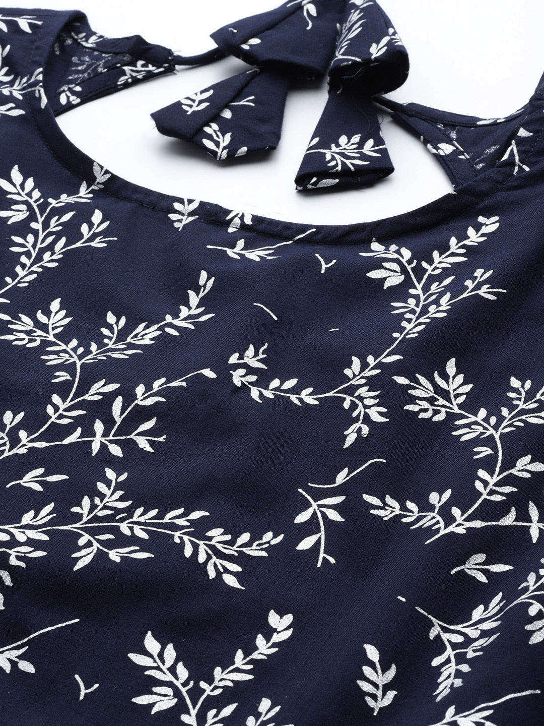 Teal Blue Printed Flared Dress With Three Quarter Sleeves