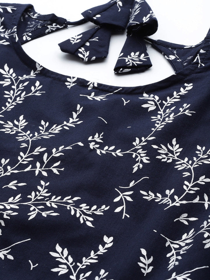 Teal Blue Printed Flared Dress With Three Quarter Sleeves