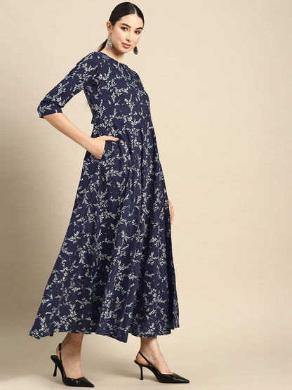 Teal Blue Printed Flared Dress With Three Quarter Sleeves