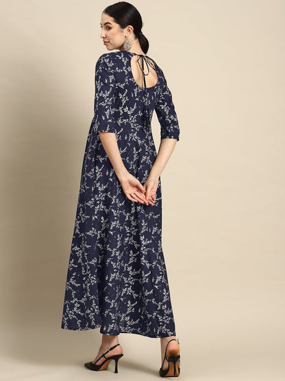 Teal Blue Printed Flared Dress With Three Quarter Sleeves