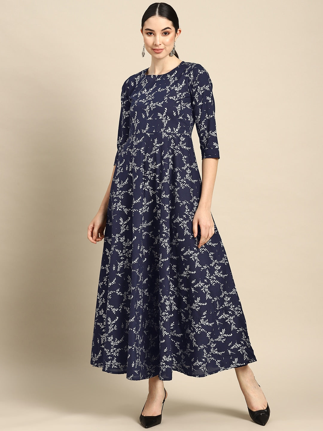 Teal Blue Printed Flared Dress With Three Quarter Sleeves