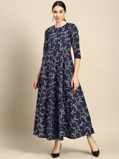 Teal Blue Printed Flared Dress With Three Quarter Sleeves