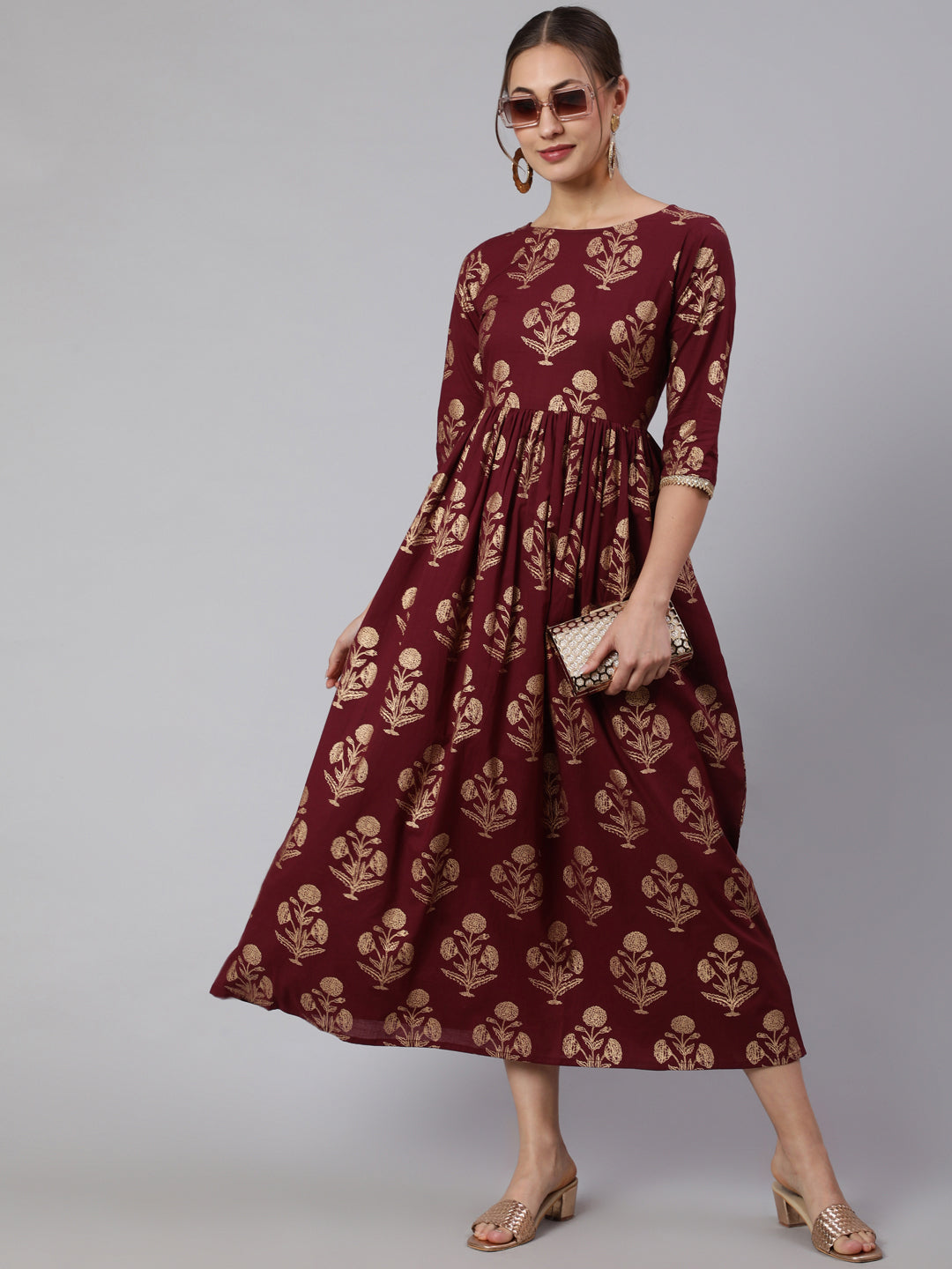 Burgundy Printed Flared Dress With Three Quarter Sleeves