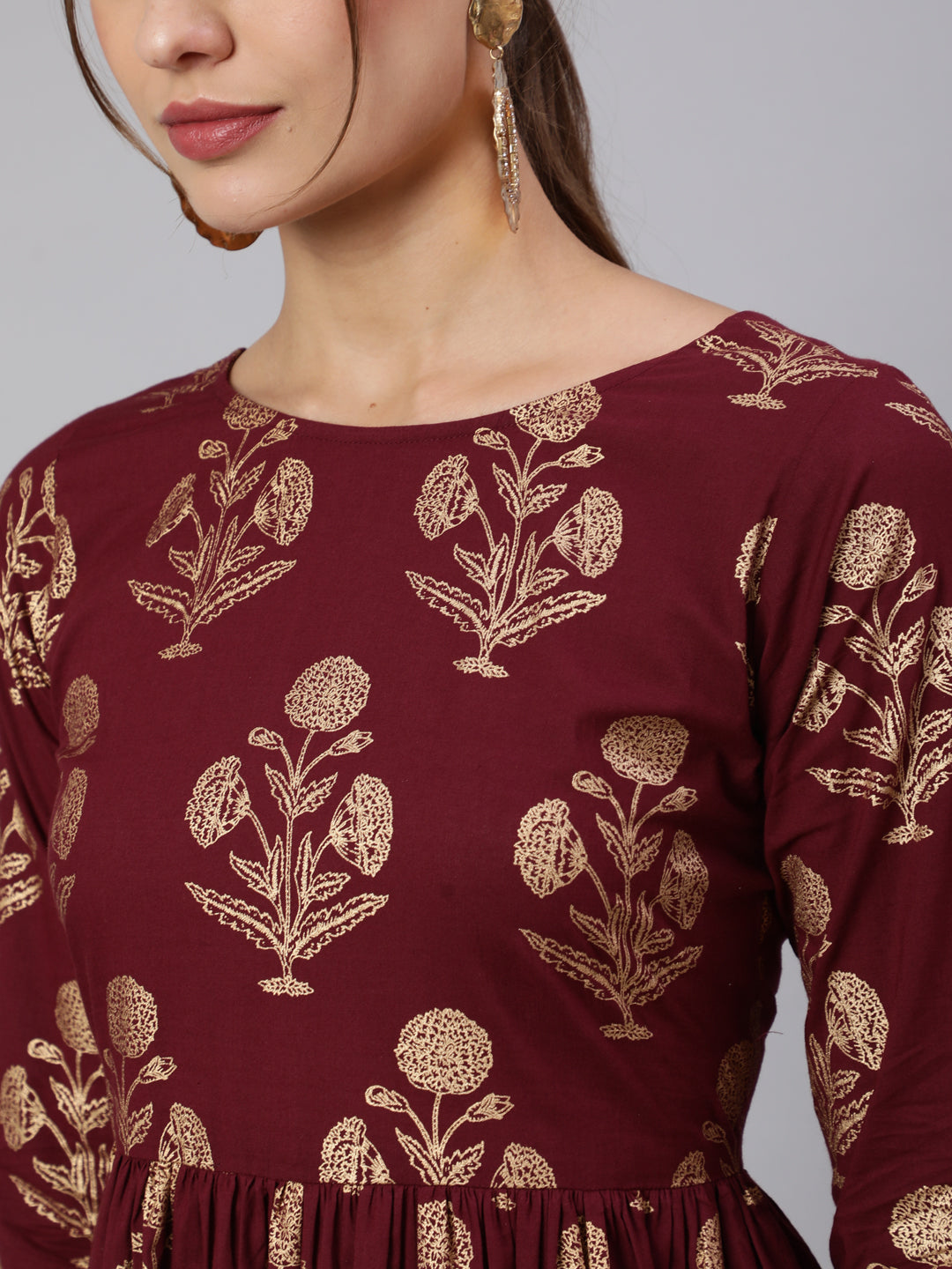 Burgundy Printed Flared Dress With Three Quarter Sleeves