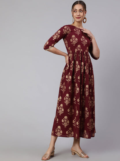 Burgundy Printed Flared Dress With Three Quarter Sleeves