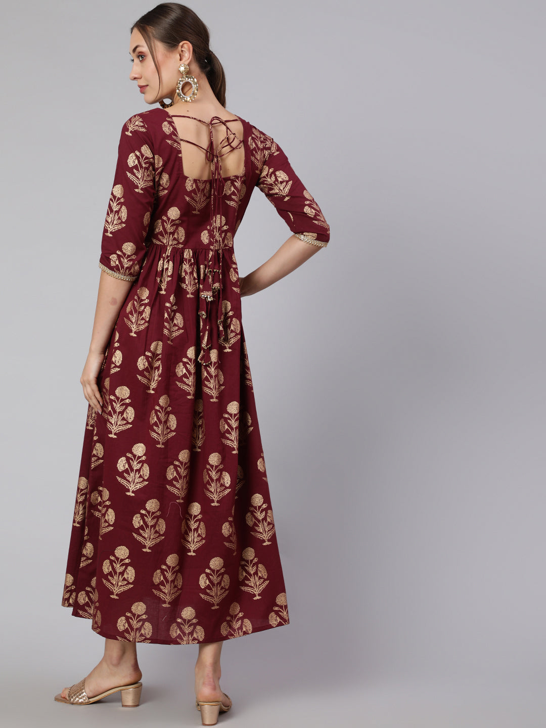 Burgundy Printed Flared Dress With Three Quarter Sleeves