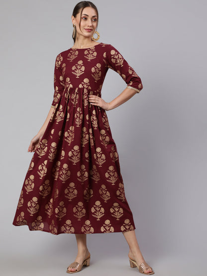 Burgundy Printed Flared Dress With Three Quarter Sleeves