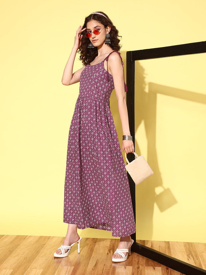 Purple Printed Flared Sleeveless Dress