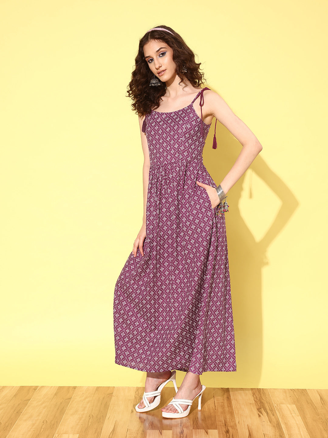 Purple Printed Flared Sleeveless Dress