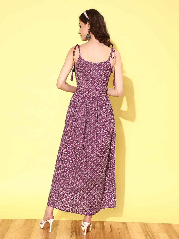 Purple Printed Flared Sleeveless Dress
