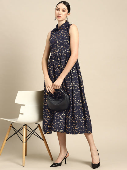 Navy Blue Printed Flared Sleeveless Dress