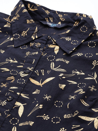 Navy Blue Printed Flared Sleeveless Dress