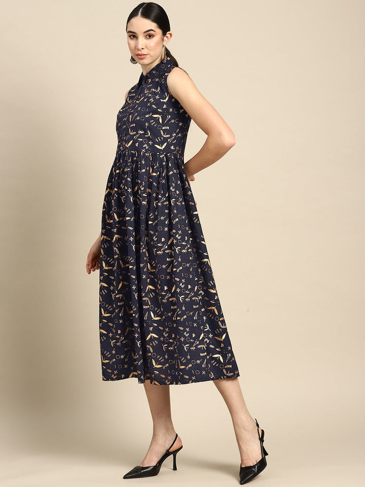 Navy Blue Printed Flared Sleeveless Dress