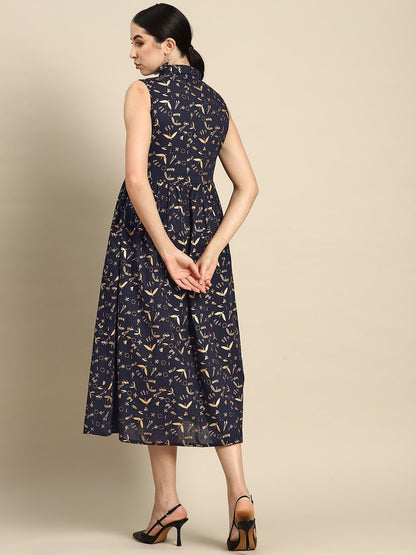 Navy Blue Printed Flared Sleeveless Dress