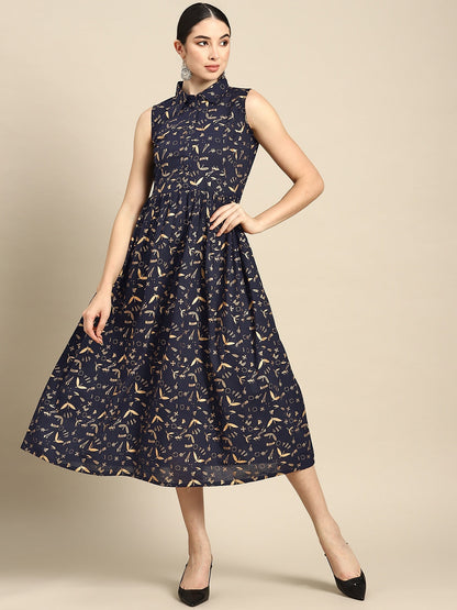 Navy Blue Printed Flared Sleeveless Dress