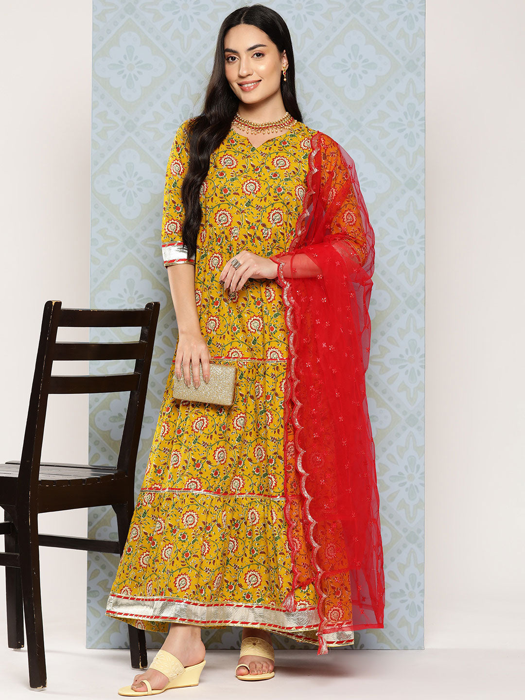 Yellow Floral Printed Flared Dress With Scalloped Dupatta