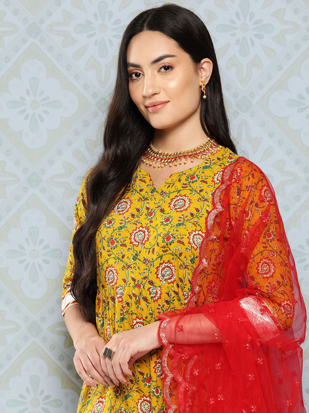 Yellow Floral Printed Flared Dress With Scalloped Dupatta