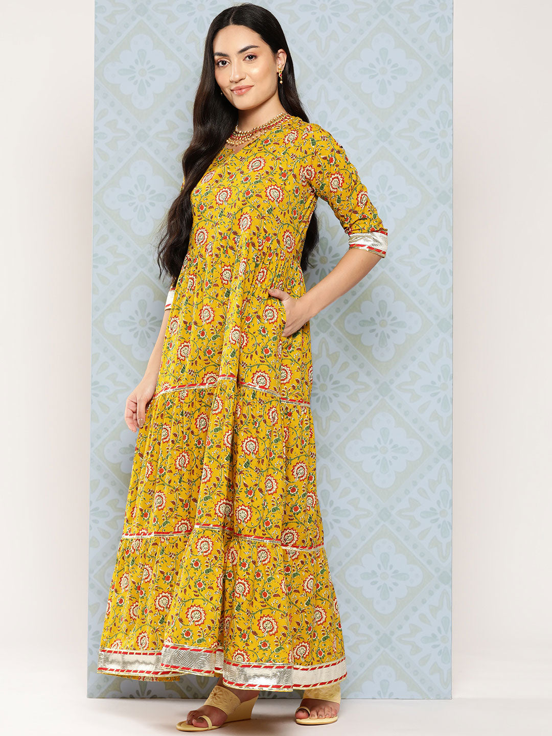Yellow Floral Printed Flared Dress With Scalloped Dupatta