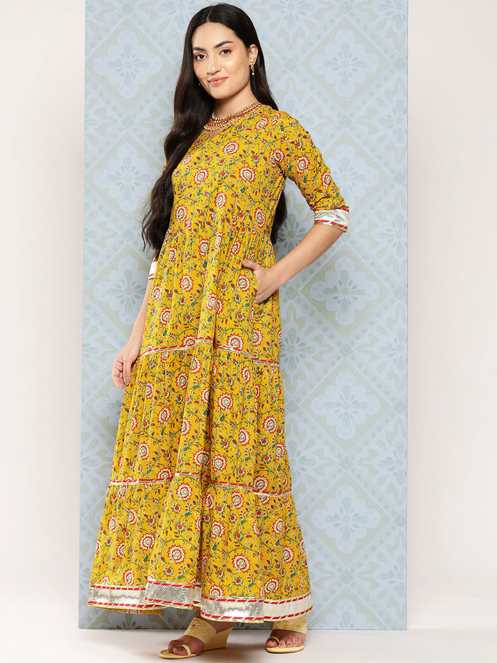 Yellow Floral Printed Flared Dress With Scalloped Dupatta