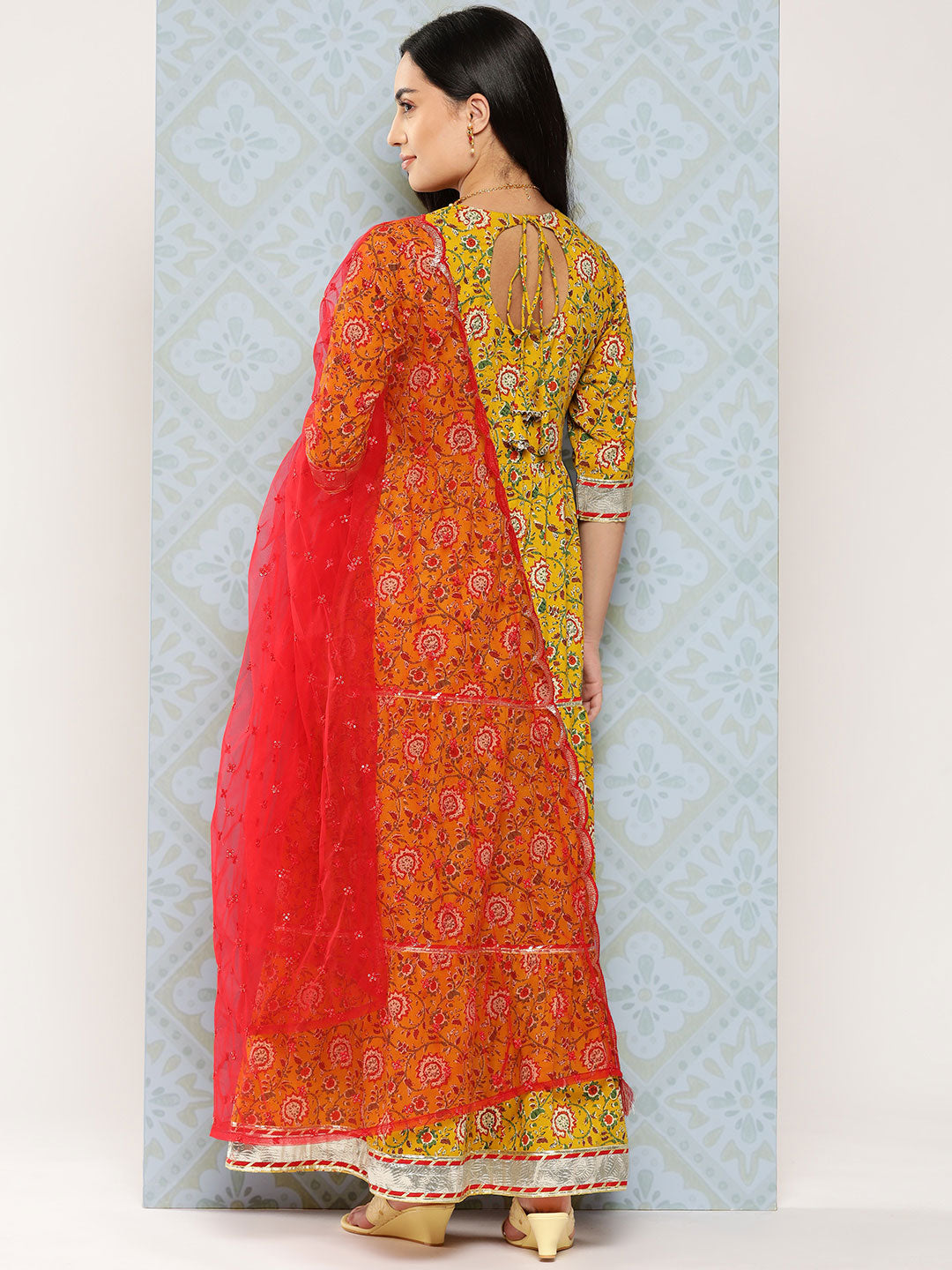 Yellow Floral Printed Flared Dress With Scalloped Dupatta