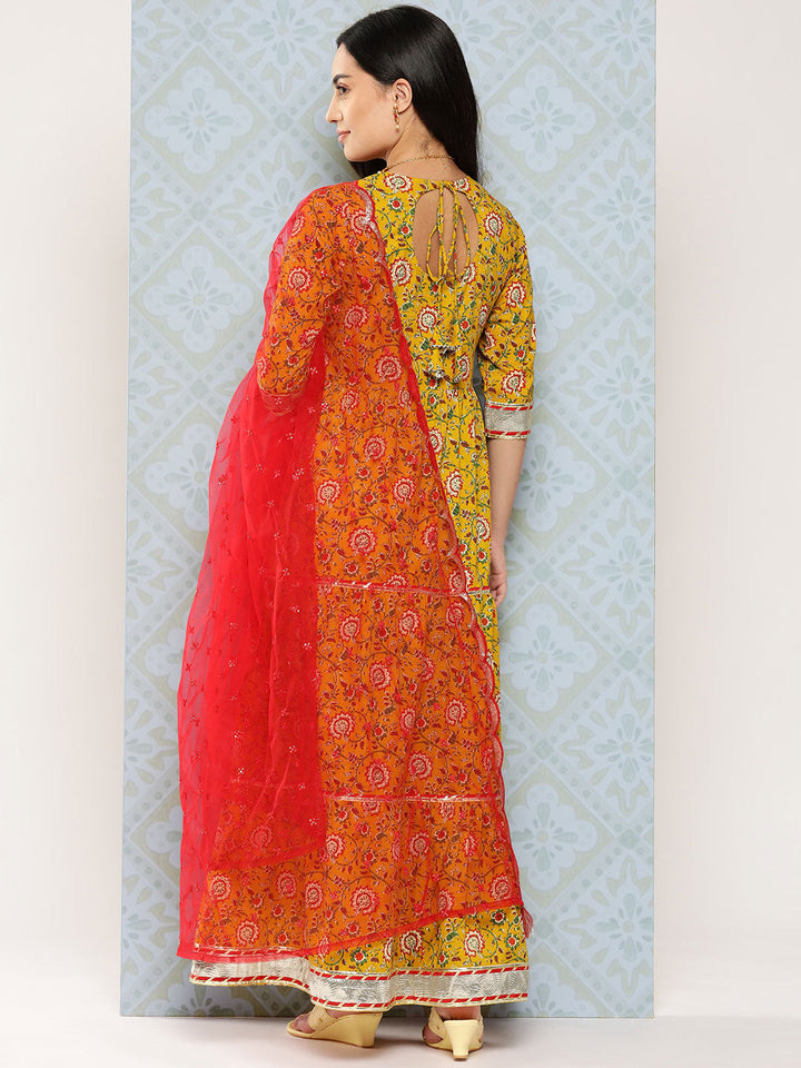 Yellow Floral Printed Flared Dress With Scalloped Dupatta