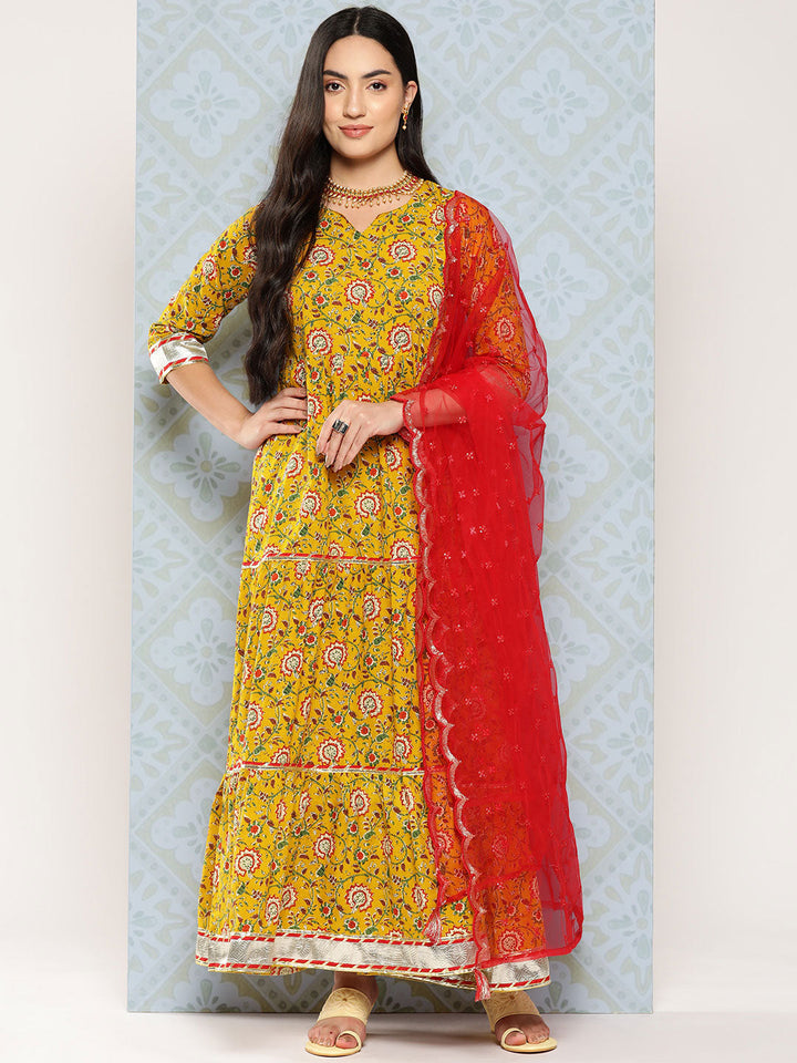 Yellow Floral Printed Flared Dress With Scalloped Dupatta