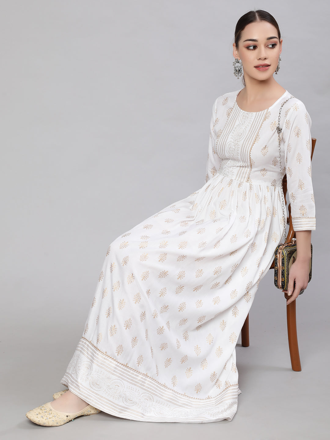 Off-White Ethnic Printed Flared Dress With Three Quarter Sleeves