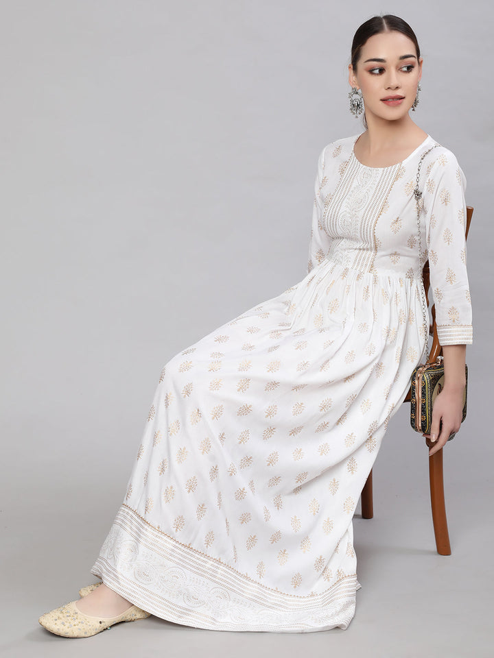 Off-White Ethnic Printed Flared Dress With Three Quarter Sleeves