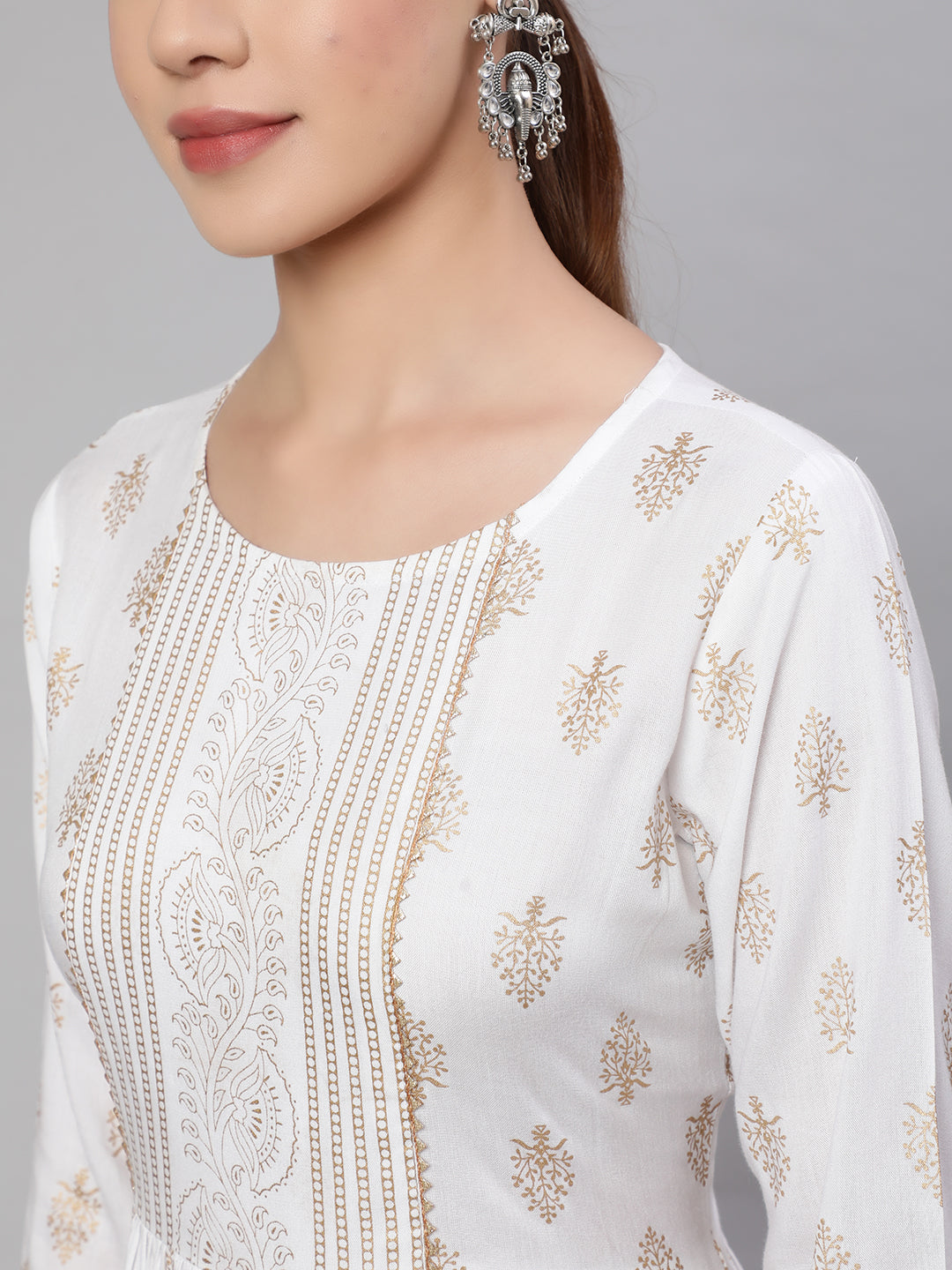 Off-White Ethnic Printed Flared Dress With Three Quarter Sleeves