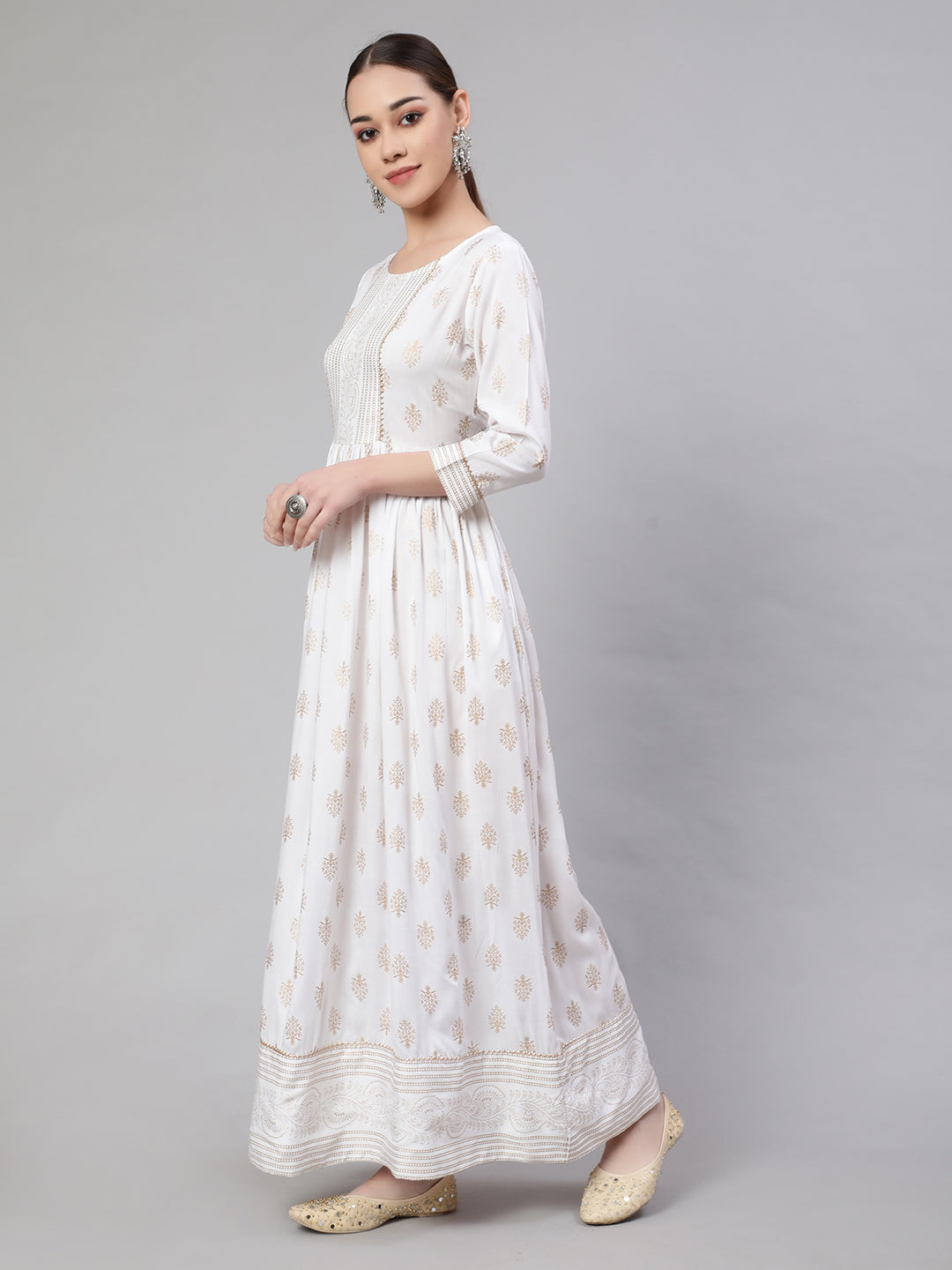 Off-White Ethnic Printed Flared Dress With Three Quarter Sleeves