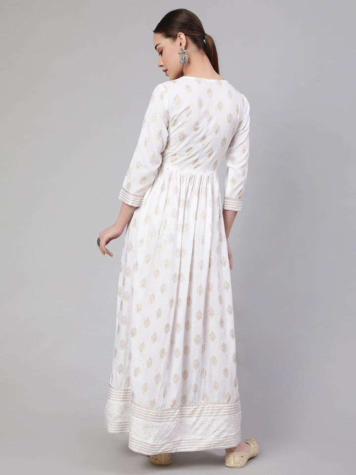 Off-White Ethnic Printed Flared Dress With Three Quarter Sleeves