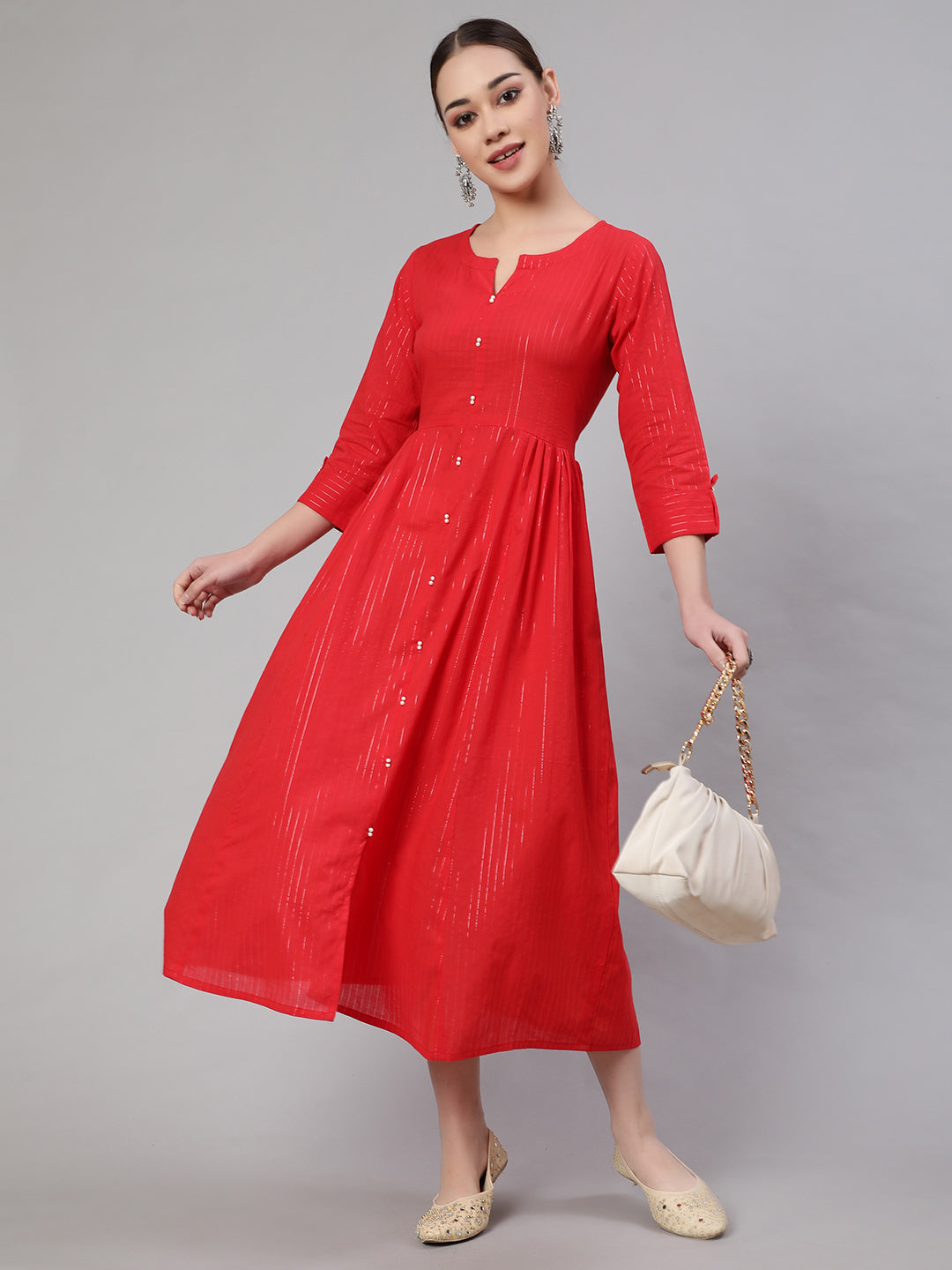 Red Striped Flared Dress With Three Quarter Sleeves