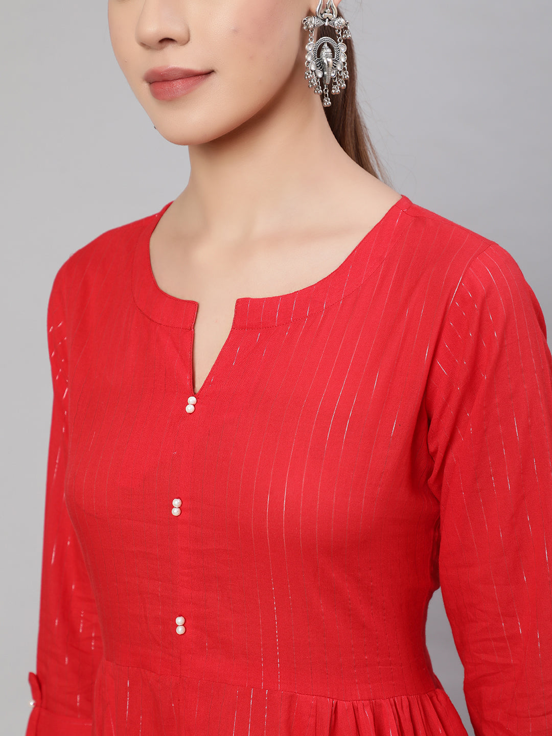 Red Striped Flared Dress With Three Quarter Sleeves