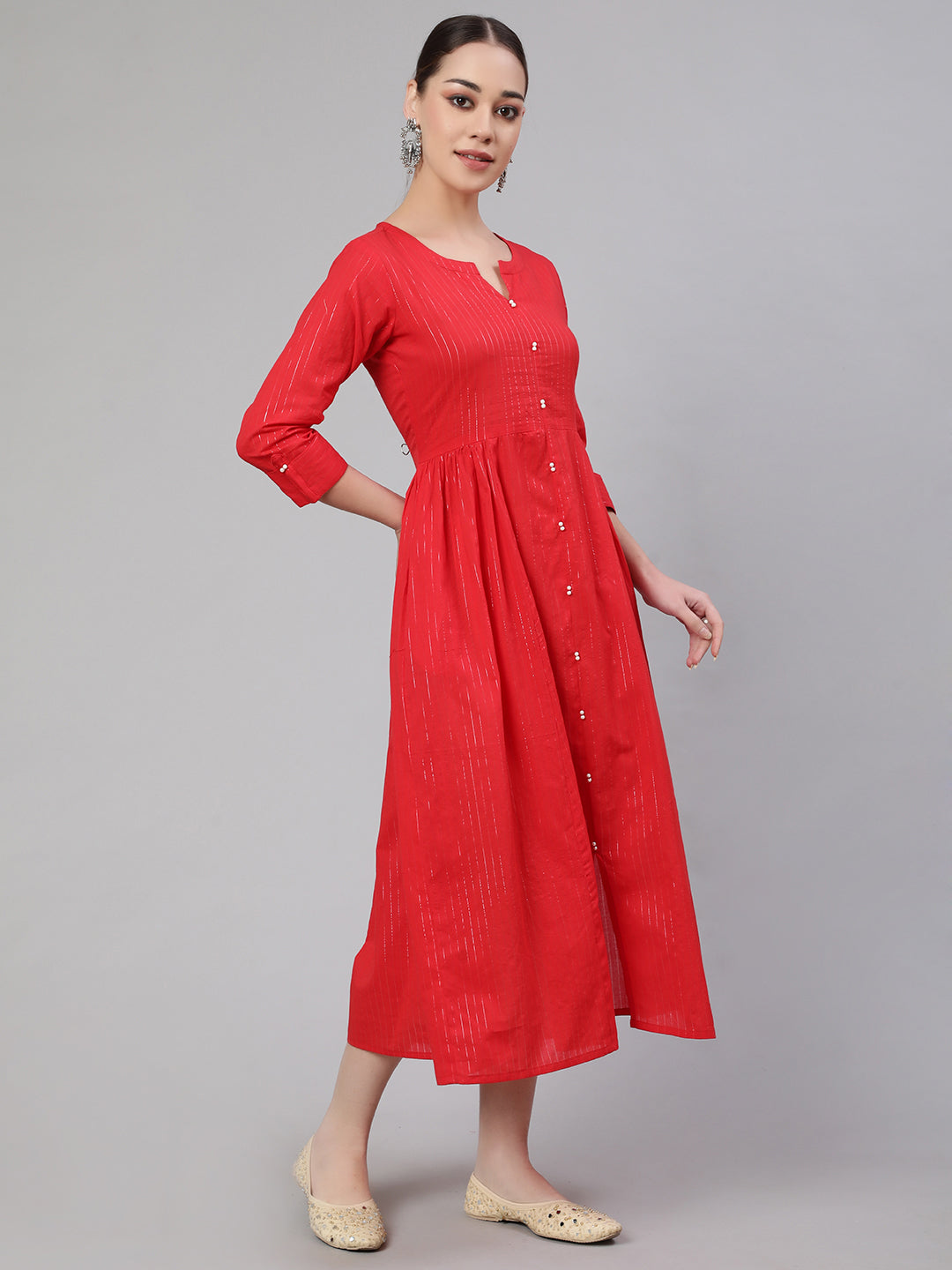 Red Striped Flared Dress With Three Quarter Sleeves