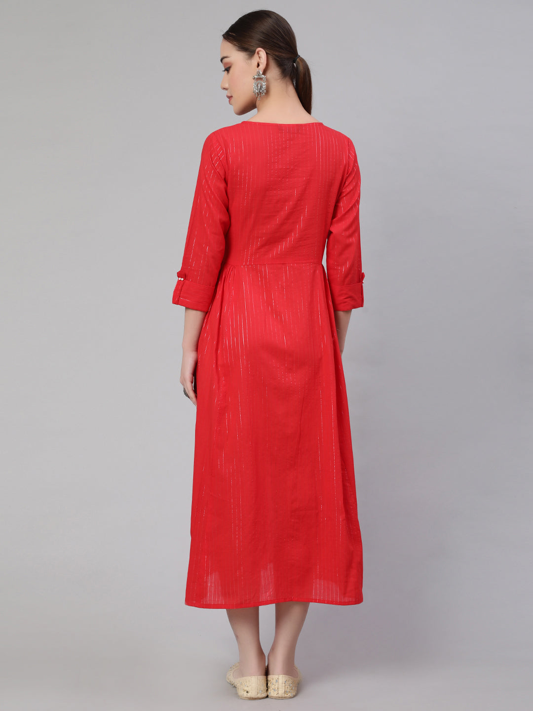 Red Striped Flared Dress With Three Quarter Sleeves