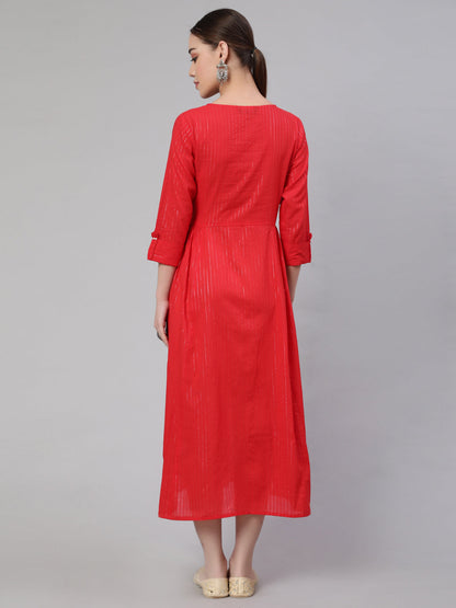 Red Striped Flared Dress With Three Quarter Sleeves